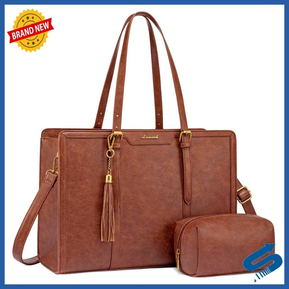 Vintage Leather Laptop Tote Bag Elegant Work Purse with Clutch Cup Holder